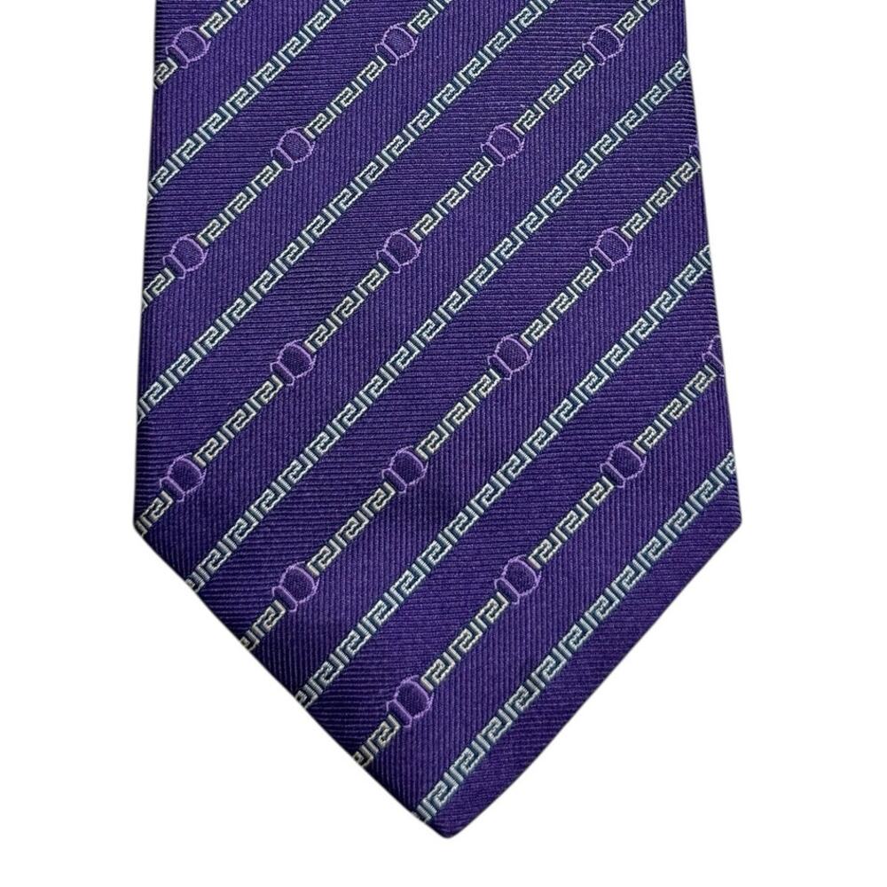 VTG Versace Purple Silver Diagonal Greca Key Logo‎ Jacquard 100% Silk Tie Italy
